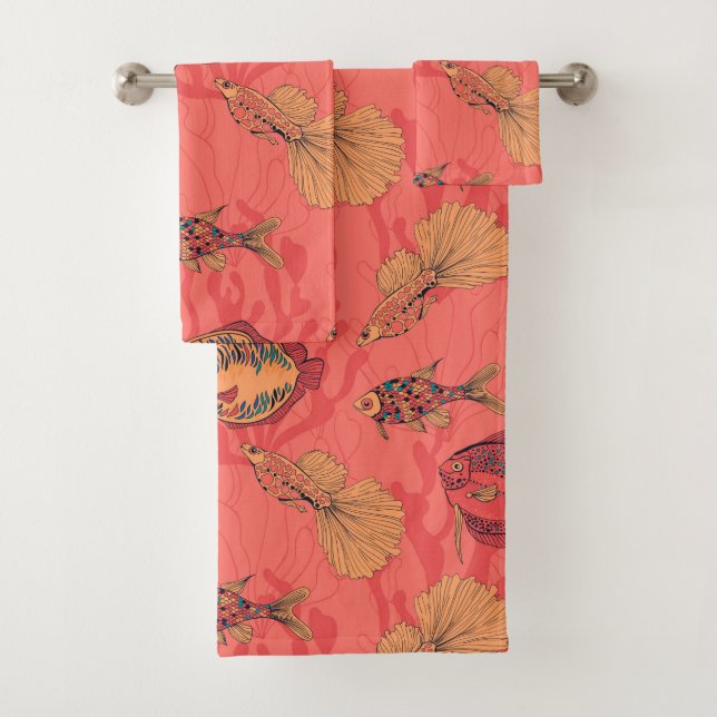Fishes on living coral background bath towel set (Insitu)
