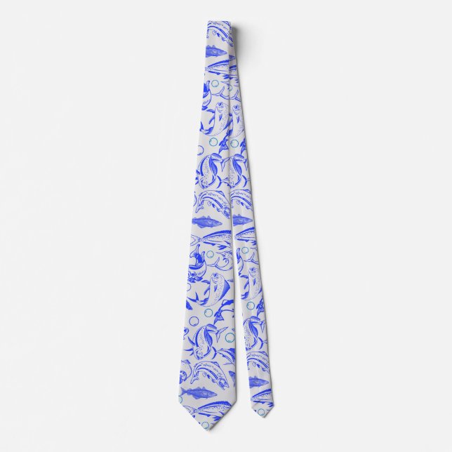 Fishes pattern blue 10.b Offwhite BG Tie (Front)