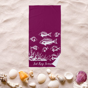 Fishes Under Water-Fisherman Style Wine Color Beach Towel
