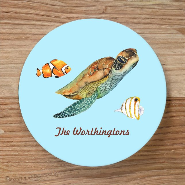 Fishes with Sea Turtle on Light Aqua Round Paper Coaster (Creator Uploaded)