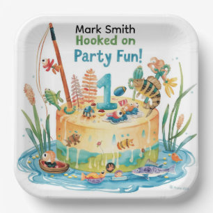Fishing 1st Birthday Party with Cake Design Paper Plate