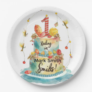 Fishing 1st Birthday Party with Cake Design Paper Plate