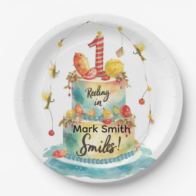 Fishing 1st Birthday Party with Cake Design Paper Plate (Front)