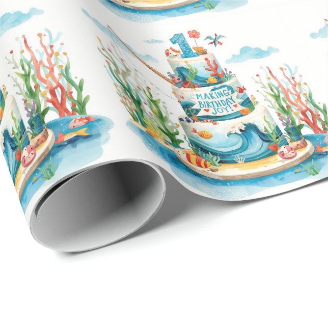 Fishing 1st Birthday with Cake  Wrapping Paper (Roll Corner)