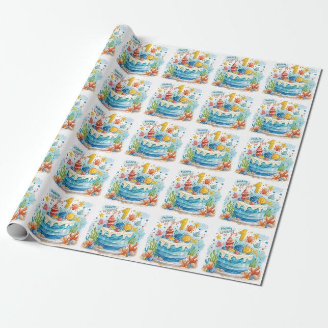 Fishing 1st Birthday with Cake  Wrapping Paper (Unrolled)