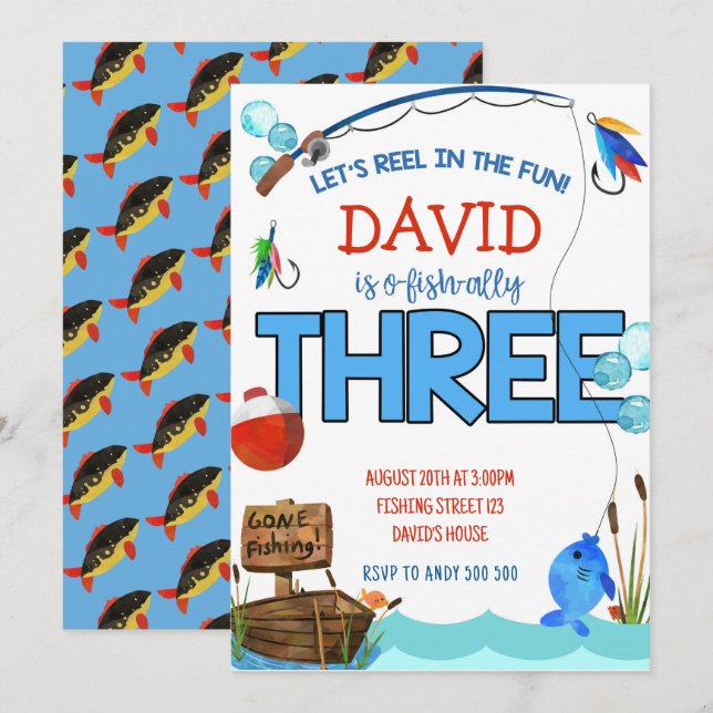 Fishing 3rd Birthday Boy Party O-fish-ally Invitation (Front/Back)