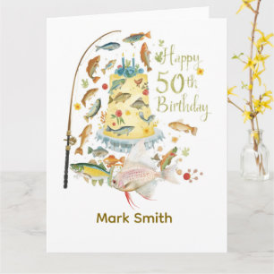 Fishing 50th Birthday with cake fishing themed Card