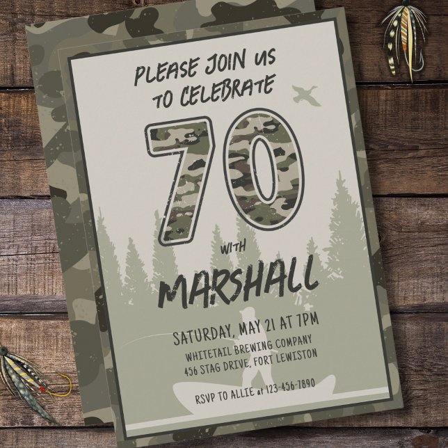Fishing 70th Birthday Camouflage Woodland Forest Invitation (Creator Uploaded)