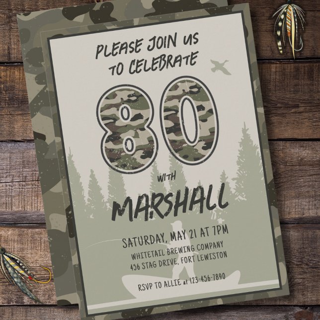 Fishing 80th Birthday Camouflage Woodland Forest Invitation (Creator Uploaded)