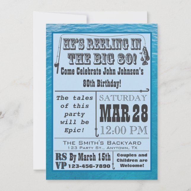 Fishing 80th Birthday Invitation with Water (Front)