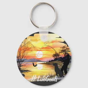 Fishing and Dog Lover "Life Goals" Trendy Sunset  Keychain