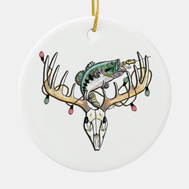 Fishing and Hunting Bass and Deer Ceramic Ornament (Front)