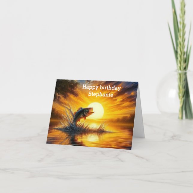 fishing art  leaping  sunset Happy Birthday  Card (Front)