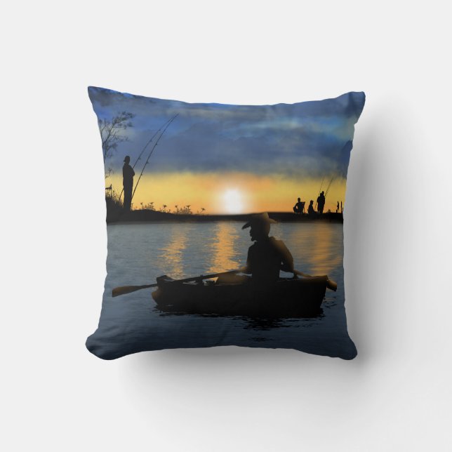 Fishing at Sunset Throw Pillow 16" x 16" (Front)