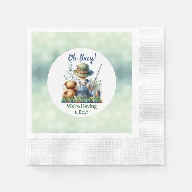 Fishing Baby and Teddy Bear | Baby Shower Napkin (Front)