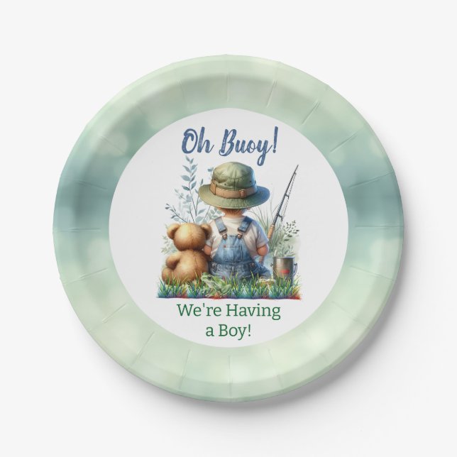 Fishing Baby and Teddy Bear | Baby Shower Paper Plate (Front)