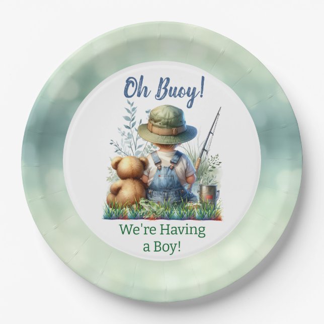 Fishing Baby and Teddy Bear | Baby Shower Paper Plate (Front)