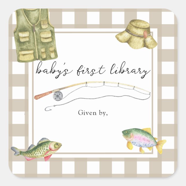 Fishing Baby Shower - baby's first library  Square Sticker (Front)