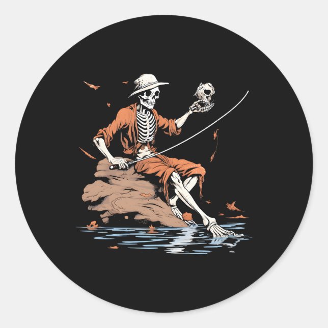 Fishing Bass Fisher Skeleton Halloween Classic Round Sticker (Front)