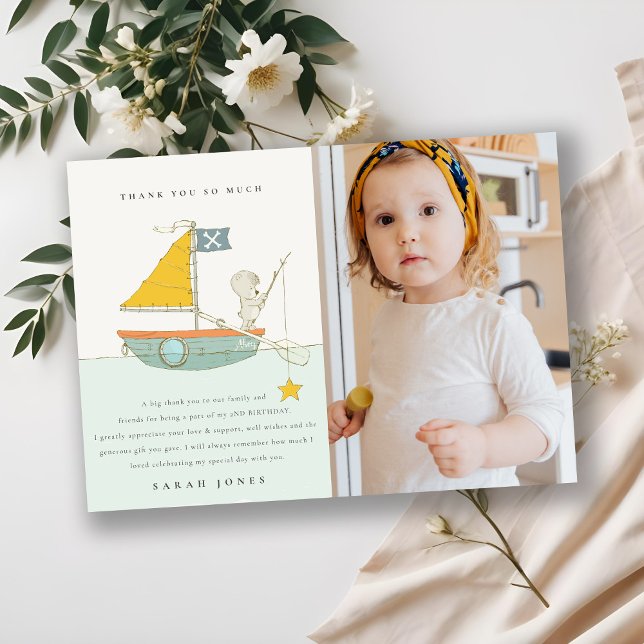Fishing Bear Photo Sailboat Kids Any Age Birthday Thank You Card (Creator Uploaded)