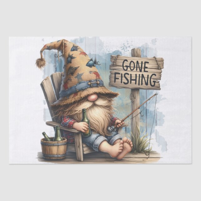 Fishing Beer Drinking Gnome Tissue Paper (Front)