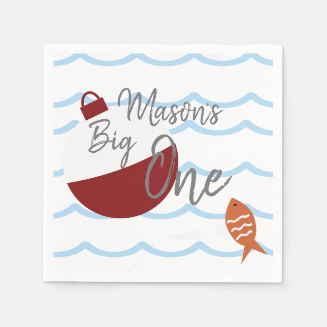 Fishing Big One First Birthday Fish Waves Napkin (Front)