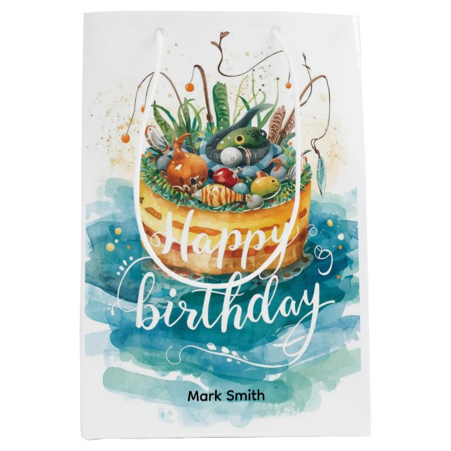 Fishing birthday themed hooked on fun  medium gift bag (Front)