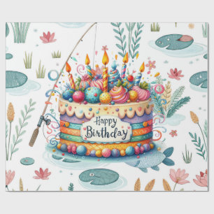 Fishing Birthday with cake fishing themed Wrapping Paper