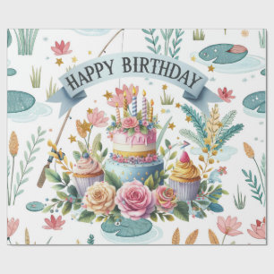 Fishing Birthday with cake fishing themed Wrapping Paper