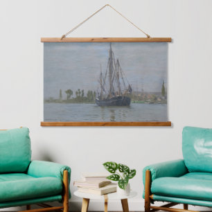 Fishing boat at anchor Vintage Seascape Hanging Tapestry