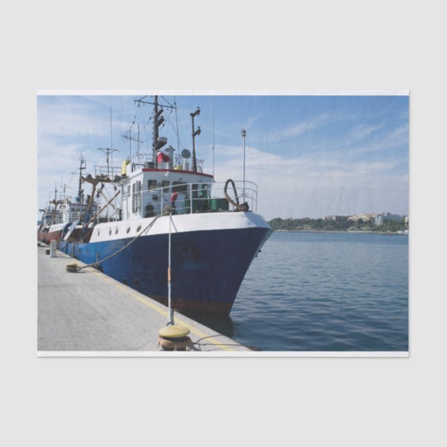 Fishing boat at mooring tissue paper (Front)