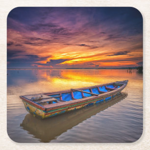 Fishing Boat At Sunrise Jubakar Beach Square Paper Coaster