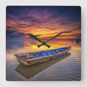 Fishing Boat At Sunrise Jubakar Beach Square Wall Clock