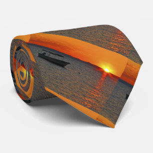 Fishing Boat at Sunset, Orange Sky Tie