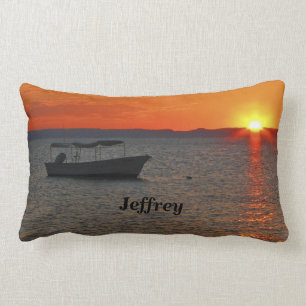 Fishing Boat at Sunset Personalized Lumbar Pillow