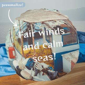 Fishing Boat at the Mediterranean Seaside Round Pillow