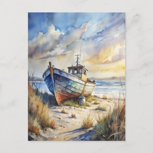 Fishing Boat Beach Ocean Shore Coastal Nautical Postcard (Front)