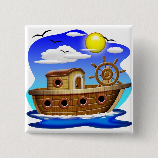 Fishing Boat Cartoon 2 Inch Square Button (Front)