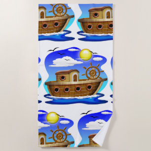 Fishing Boat Cartoon  Beach Towel