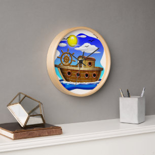 Fishing Boat Cartoon Clock