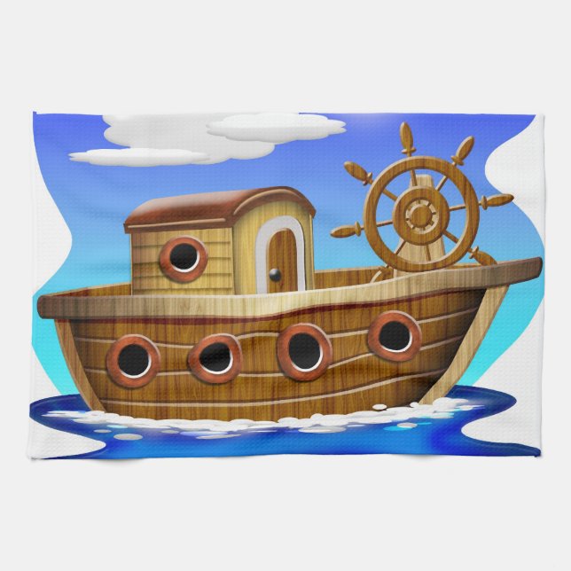 Fishing Boat Cartoon Kitchen Towel (Horizontal)