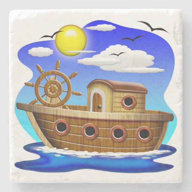 Fishing Boat Cartoon  Stone Coaster (Front)