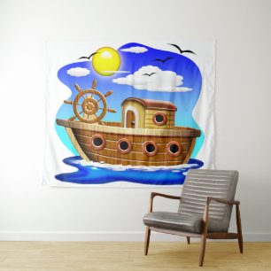 Fishing Boat Cartoon Tapestry