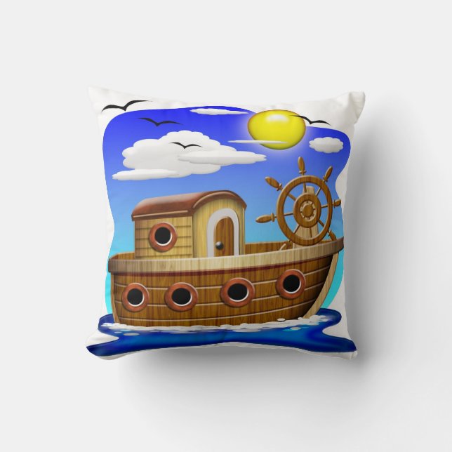 Fishing Boat Cartoon Throw Pillow (Front)