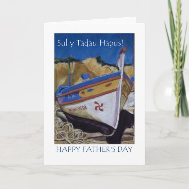 Fishing Boat Fathers Day Card: Welsh Greeting Card (Front)