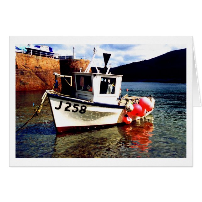 Fishing boat in Bonne Nuit harbour Jersey card (Front Horizontal)