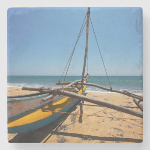 Fishing Boat Moored On Beach Stone Coaster