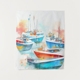 Fishing Boat Port Landscape Scenery Nature Tapestry
