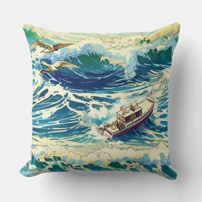 Fishing Boat Riding Ocean Waves Throw Pillow (Front)