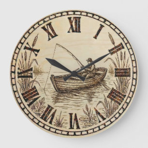 Fishing Boat Wall Clock – Wood-Burned Style